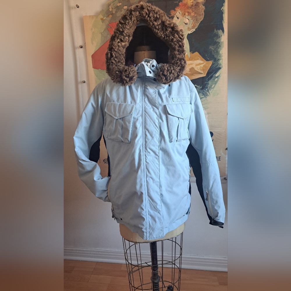 Women's Light Blue Ski Jacket with Faux Fur Hood